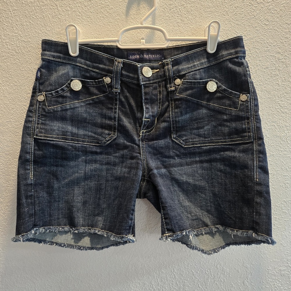 Rock & Republic Womens Denim Shorts Size 6 Dark Wash Flap Pocket Distressed Hem